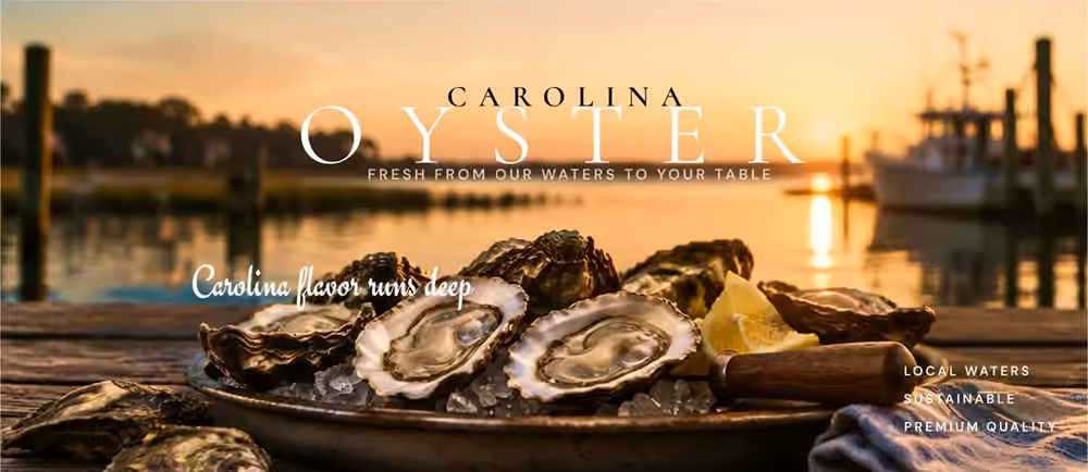 Carolina Oyster artwork: oysters on a dock at sunset, ‘Fresh from our waters to your table’